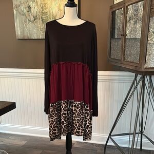 NWT Perfectly Priscilla Black, Burgundy and Leopard Long Sleeve Casual Dress